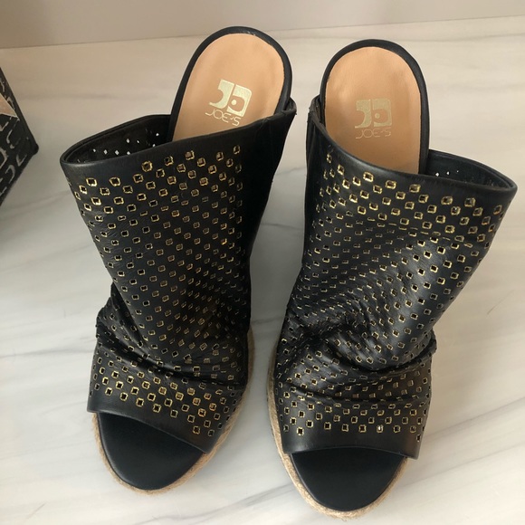 Joes Jeans | Black Ruched Leather Wedge Sandals - Picture 3 of 11